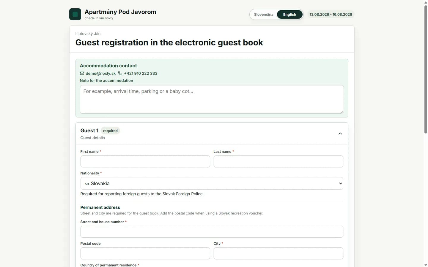 Anglický online check-in formulár pre zahraničného hosťa v Noxly